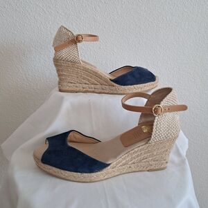 Kana Blue Suede Espadrille Wedge Sandals Leather Ankle Strap Sz 8 Made In Spain